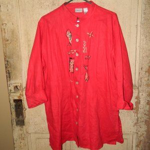 Chico's Linen Button Up Shirt Fish Design Size 3 (EE-14)